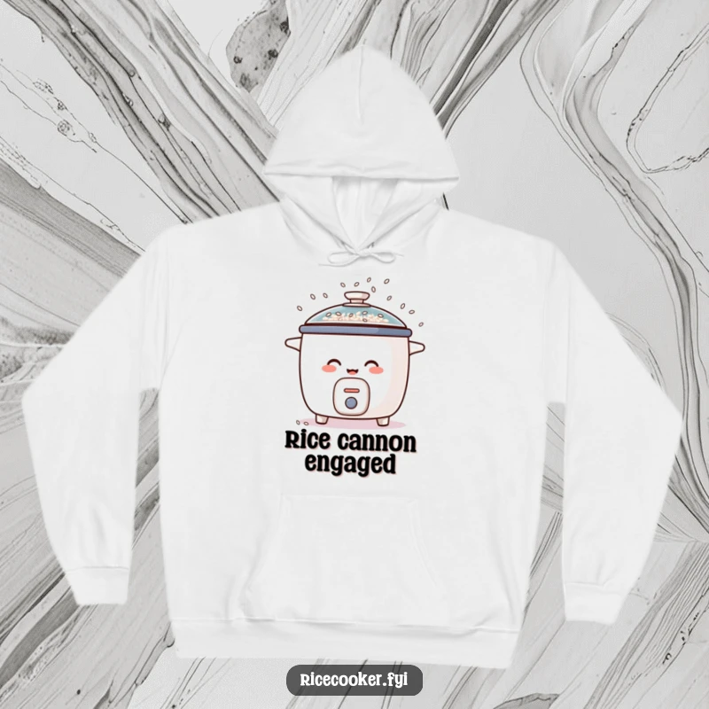 Funny hoodie showcases a laughing rice cooker exuberantly scattering rice grains like confetti from its lid, a warm and humorous clothing item.