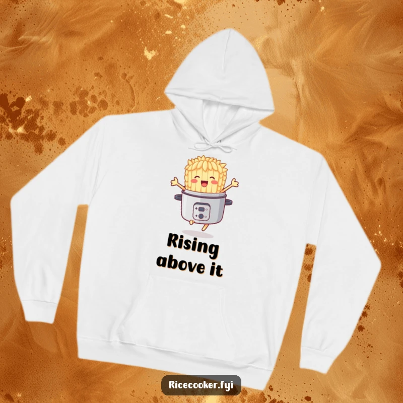 Funny hoodie featuring a delighted rice grain character joyfully jumping out of a rice cooker, spreading cheer and comfort.