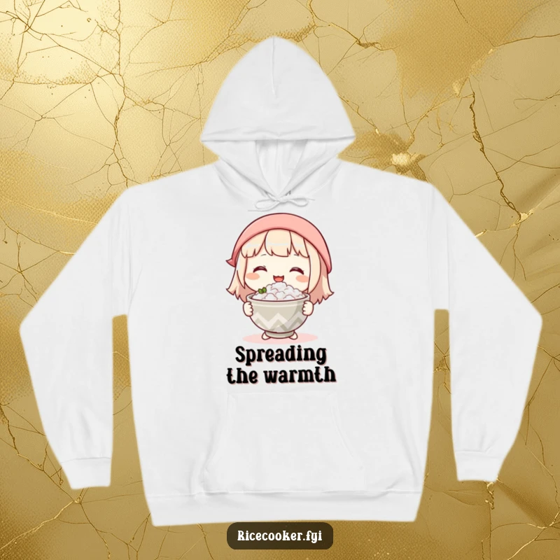 Funny hoodie showing a character kindly offering a warm bowl of rice with a gentle smile, symbolizing comfort and hospitality.