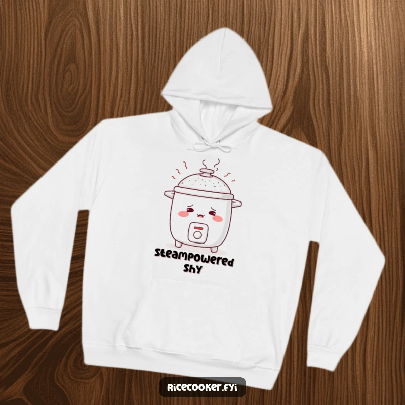 Funny hoodie features a shy rice cooker blushing deeply, with steam wisps rising like embarrassed sighs, offering warm comfort.