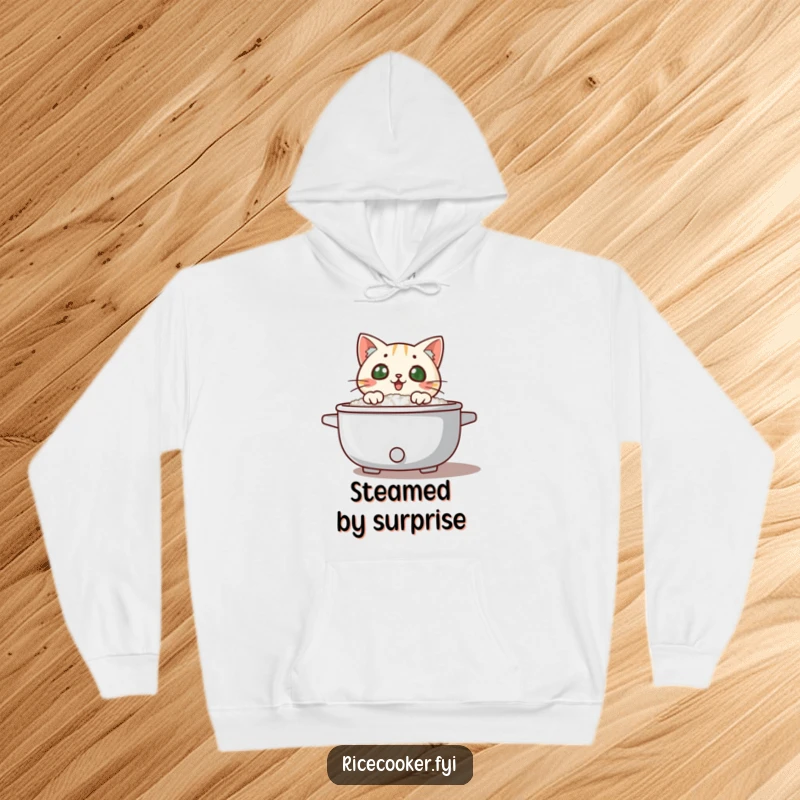 Funny cat peeking over a steaming rice cooker lid, steam swirling, a cozy and humorous hoodie for cat fans.