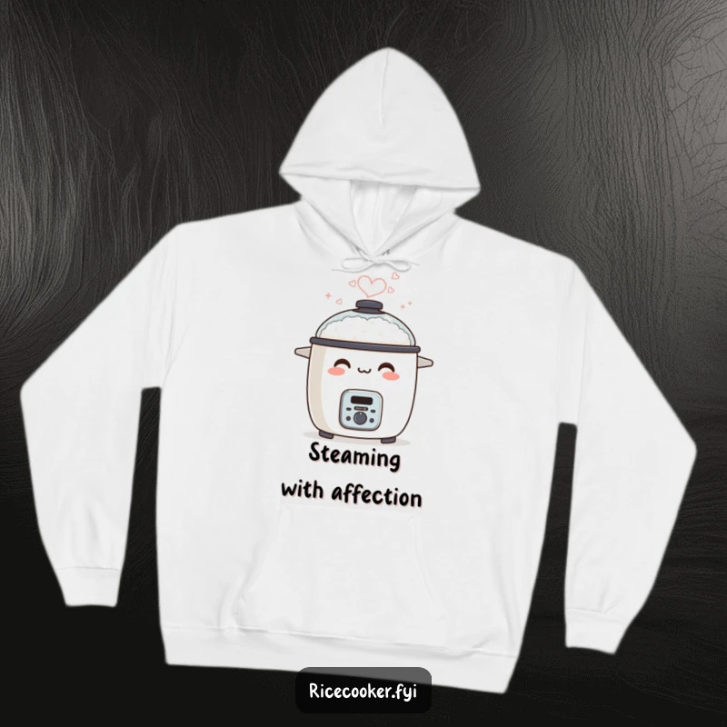 Funny hoodie showcasing a smiling rice cooker character exhaling steam that forms a perfect heart.