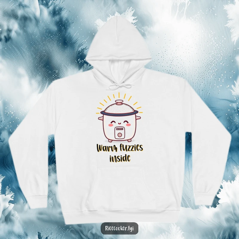 Funny hoodie featuring a smiling rice cooker radiating warm energy, offering cozy comfort and a humorous, positive kitchen aesthetic.