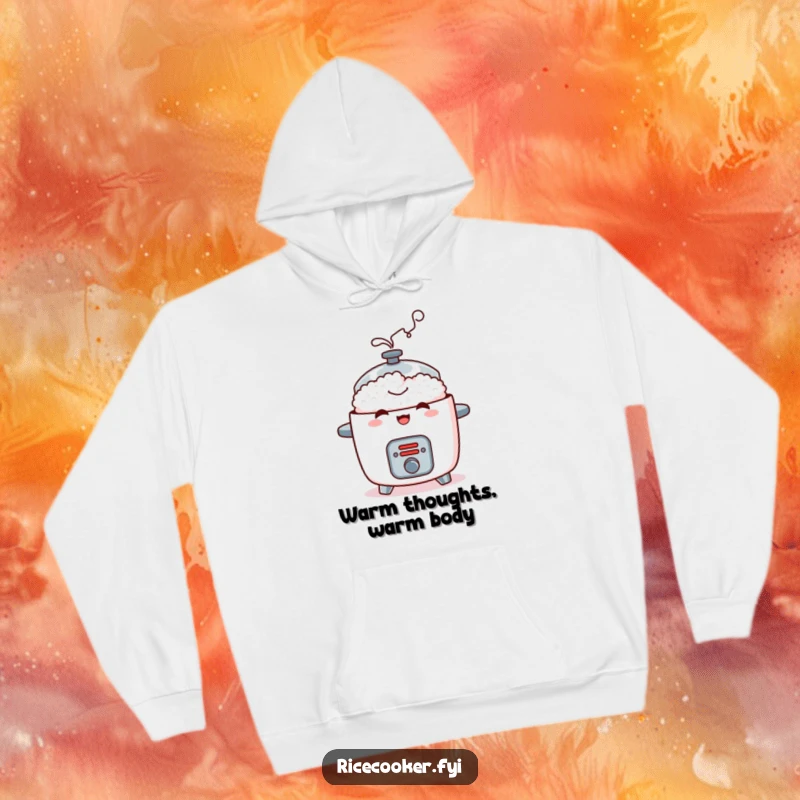 Funny hoodie showcasing a mischievous rice cooker with a contented steam puff, offering cozy humor and kitchen charm.