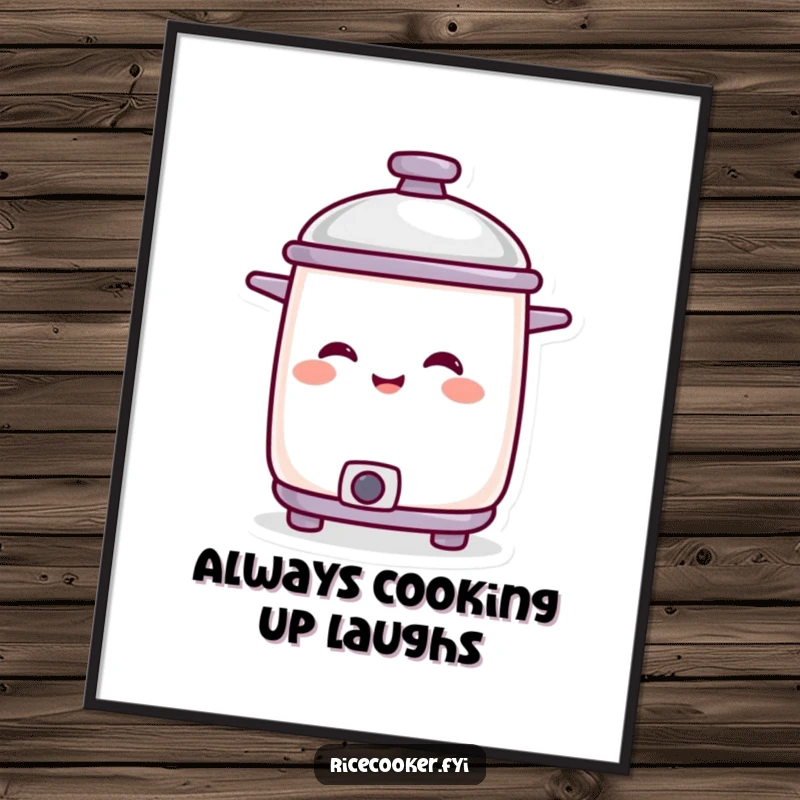 Funny Free Printable Wall Art: A smiling rice cooker character with its lid tilted in amusement, humorous downloadable kitchen decor.