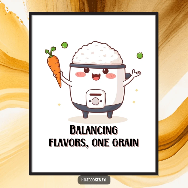 Funny Free Printable Wall Art: Happy rice cooker juggling a carrot and a pea, adding kitchen humor.