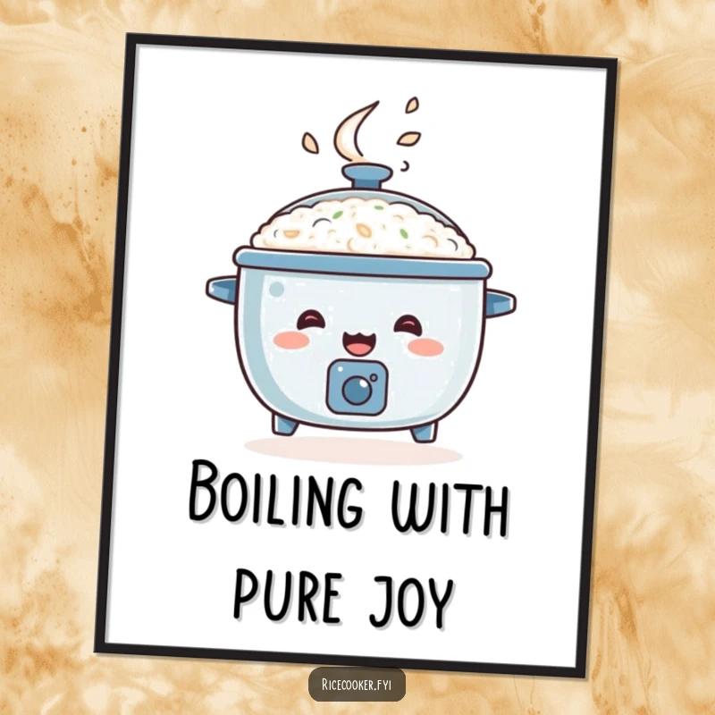 Funny Free Printable Wall Art: A happy rice cooker bouncing with steam dramatically erupting from its lid, full of vibrant energy.