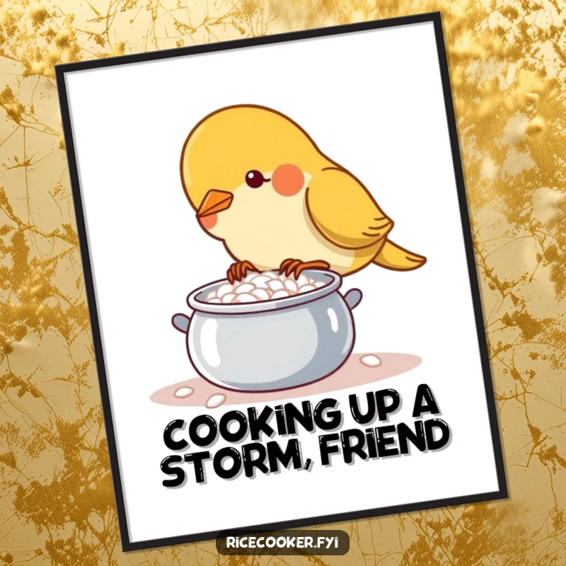 Funny Free Printable Wall Art: A determined bird carefully tends a small, bubbling pot of rice, delightful kitchen art.