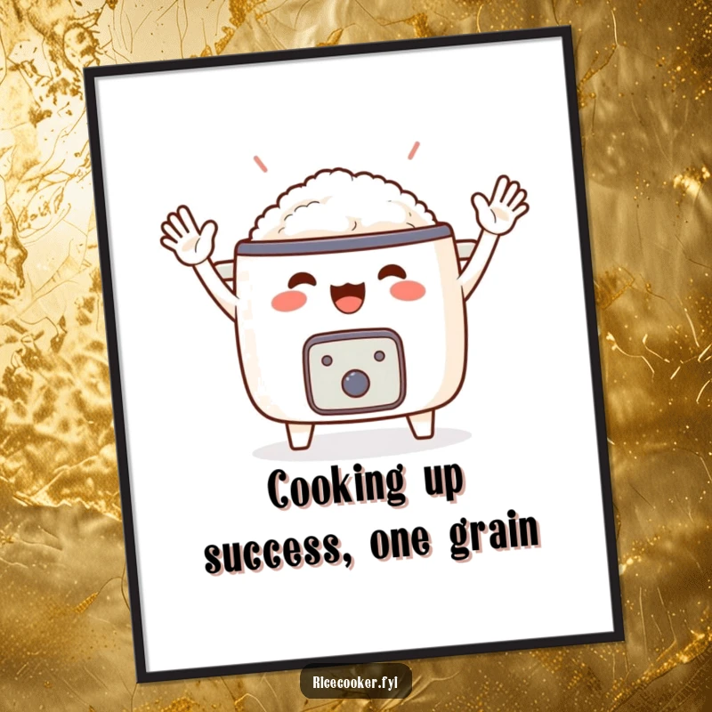 Funny Free Printable Wall Art of a joyful rice cooker with tiny arms waving energetically, perfect for kitchen decor, downloadable art.