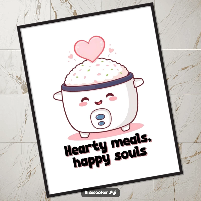 Funny Free Printable Wall Art: Smiling rice cooker with steam shaped like a heart, bringing warmth and humor.