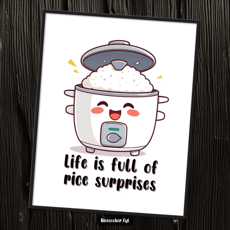 Funny Free Printable Wall Art of a grinning rice cooker with its lid popping open in comical surprise, perfect for kitchen decor.