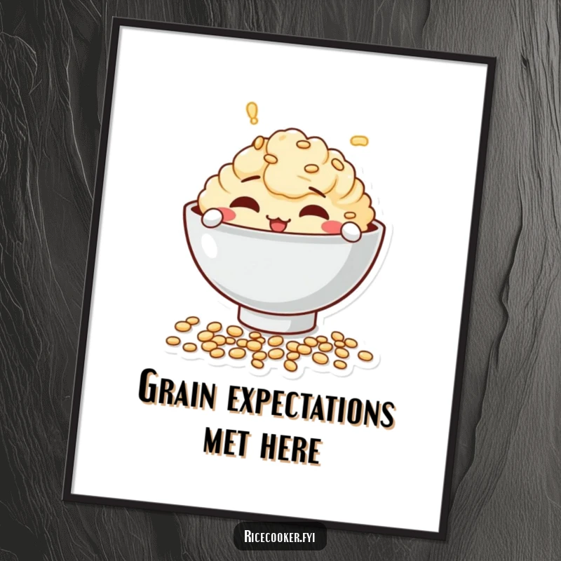 Funny free printable wall art of a mischievous bowl character playfully spilling a small amount of uncooked grains.