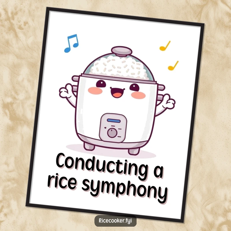 Funny free printable wall art of a happy rice cooker vigorously conducting an orchestra with its arms, full of musical energy.