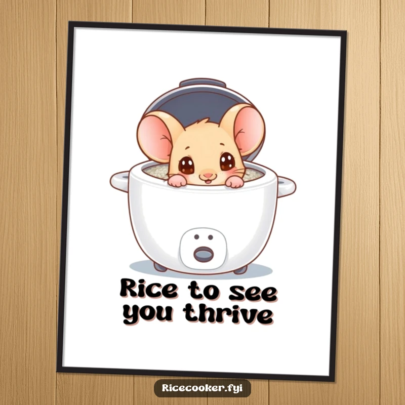 Funny Free Printable Wall Art: A curious mouse with big eyes wonders about a rice cooker, delightful downloadable art.