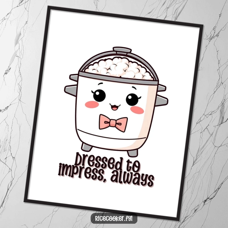 Funny Free Printable Wall Art of a proud rice cooker wearing a bow tie, looking dapper and sophisticated, ideal for any room.