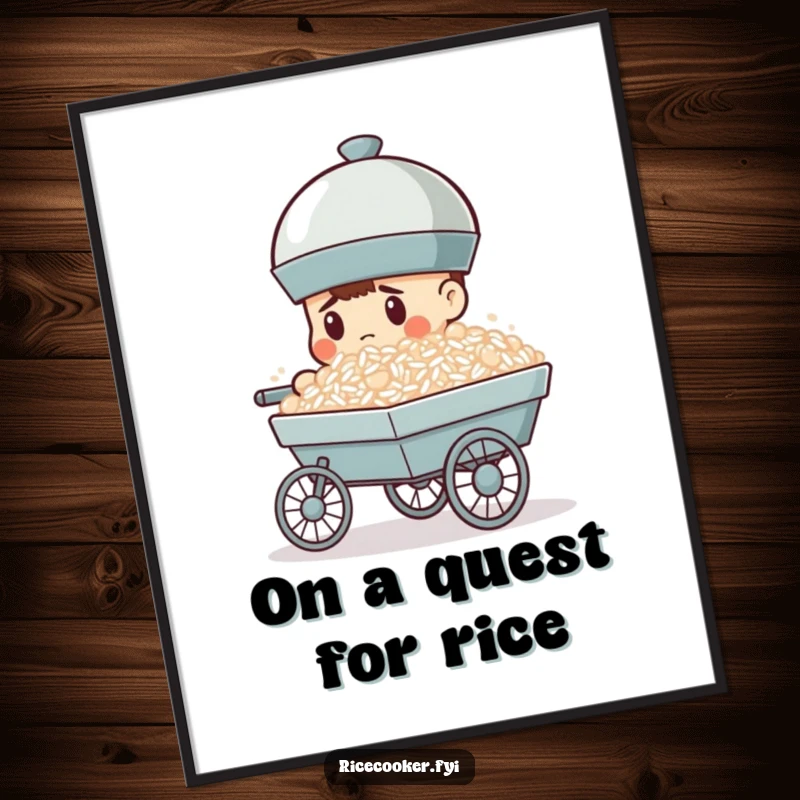 Funny free printable wall art of a determined rice cooker pushing a little cart packed full of rice, symbolizing persistence.