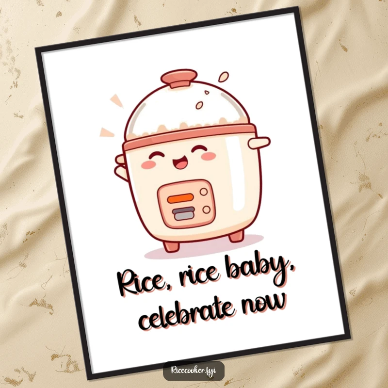Funny Free Printable Wall Art: Delightful rice cooker character spinning with pure joy, adding a humorous touch to any room.