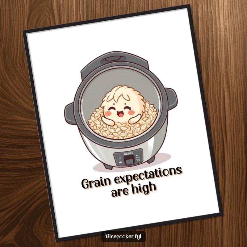 Funny Free Printable Wall Art: A happy, giggling rice grain character rolling playfully inside a clean cooker, humorous downloadable kitchen decor.