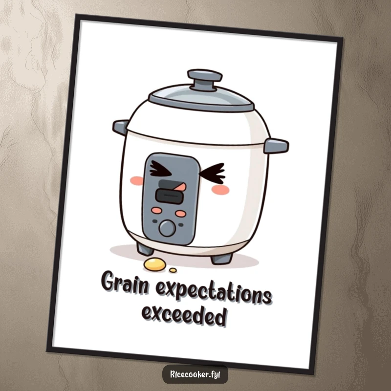 Funny Free Printable Wall Art of a sly rice cooker winking deviously and dropping a grain, adding a playful touch to any room.