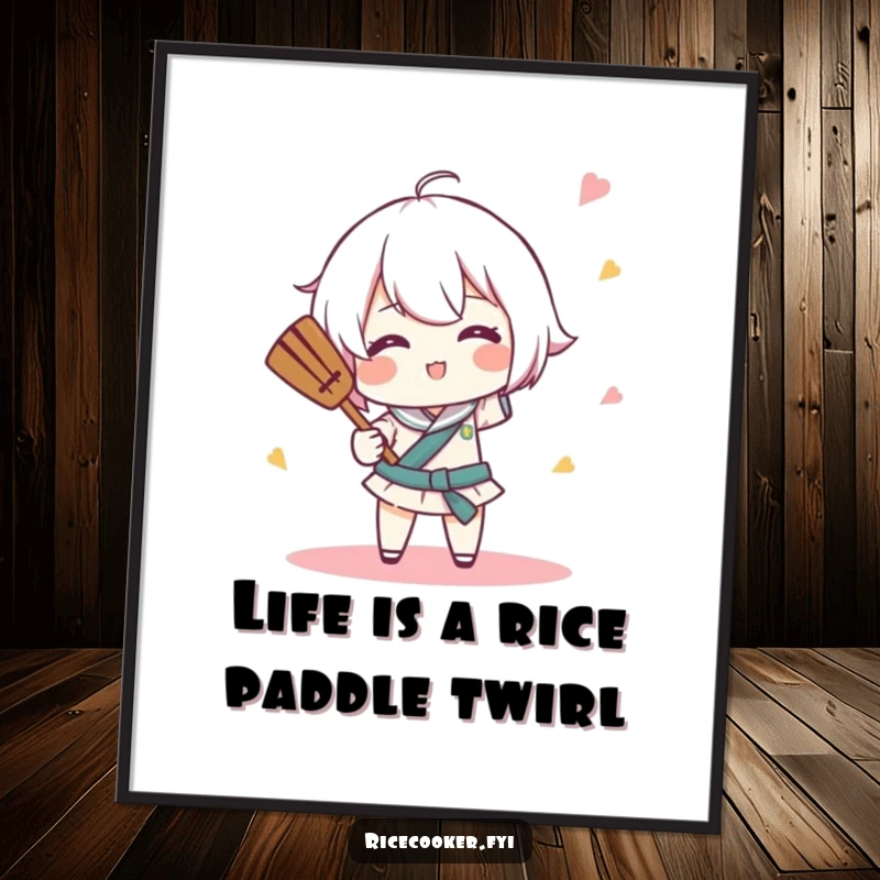 Funny Free Printable Wall Art: Character comically spins a rice paddle like a tiny baton, adding a playful and dynamic element to decor.
