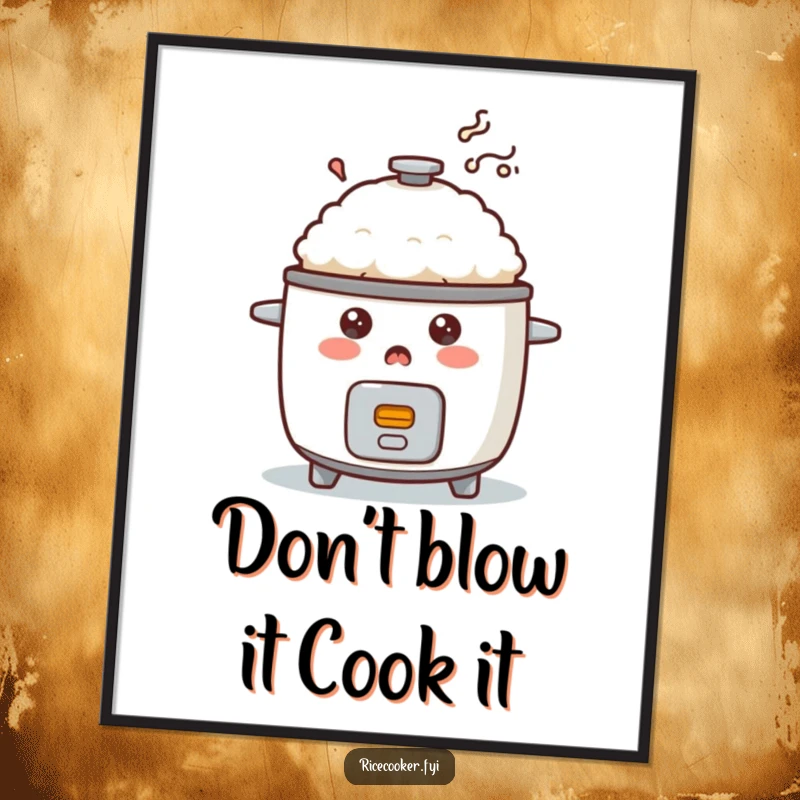 Funny Free Printable Wall Art: A shocked rice cooker character emitting a puff of smoke, humorous downloadable kitchen decor, playful design.