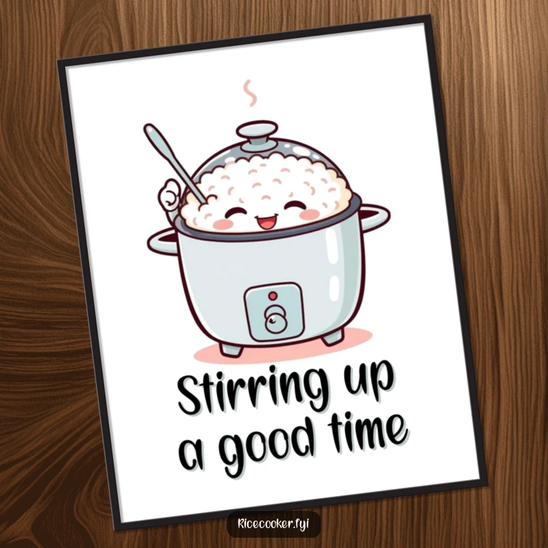 Funny Free Printable Wall Art: An energetic rice cooker character joyfully waves a tiny spoon, ready to cook.