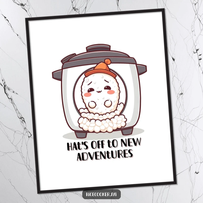 Funny Free Printable Wall Art: A single, confused rice grain wearing a tiny hat is emerging from a rice cooker.