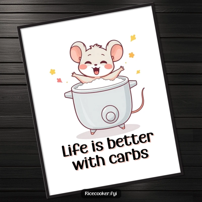 Funny free printable wall art of a joyful mouse dancing energetically around a bubbling rice cooker, a humorous downloadable piece.