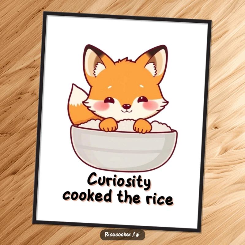 Funny Free Printable Wall Art: A curious fox peeks from behind a steaming lid covering rice.