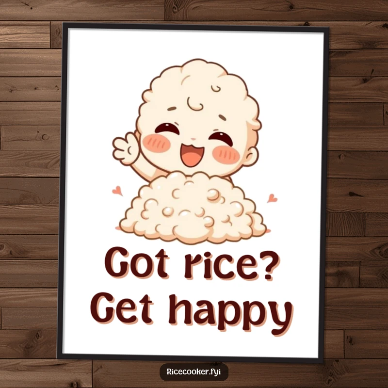 Funny Free Printable Wall Art of a character enthusiastically gesturing towards a fluffy mound of rice, radiating pure joy.