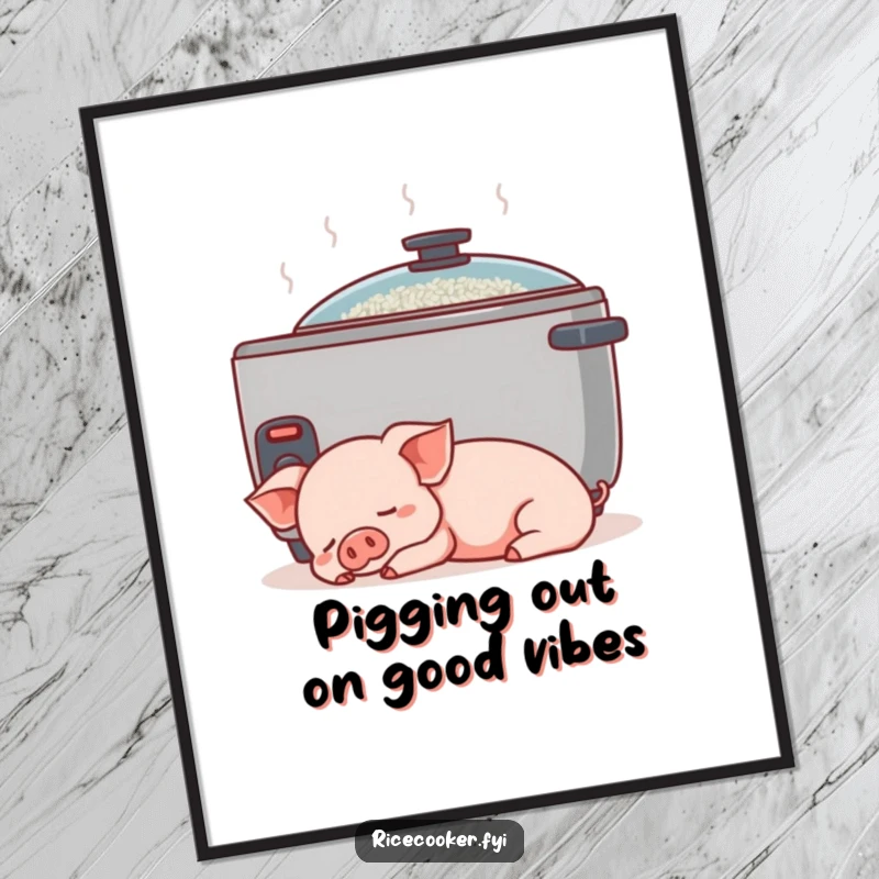Funny Free Printable Wall Art: A content piglet sleeps soundly next to a gently humming rice cooker, radiating peaceful vibes.