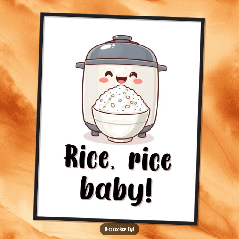 Funny Free Printable Wall Art of an excitedly grinning rice cooker offering a perfect bowl of fluffy rice, bringing joy to the kitchen.