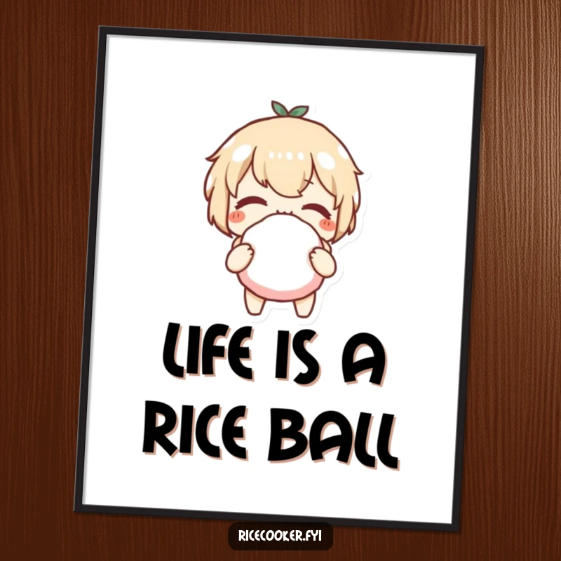 Funny Free Printable Wall Art: character winking cheekily while presenting a perfectly crafted rice ball with charm.
