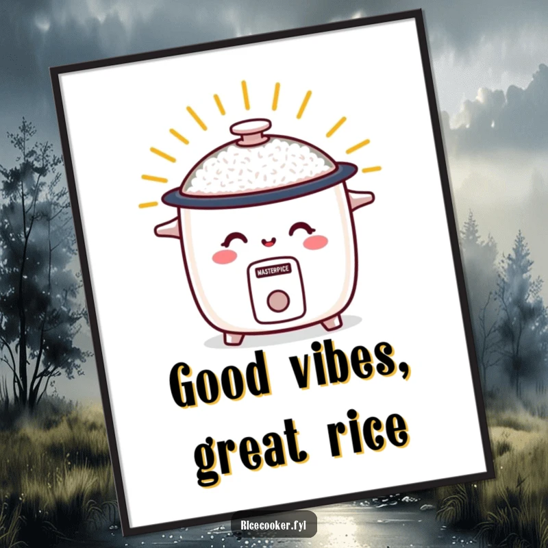 Funny Free Printable Wall Art of a smiling rice cooker emitting warm, radiant energy, perfect for a cheerful atmosphere.