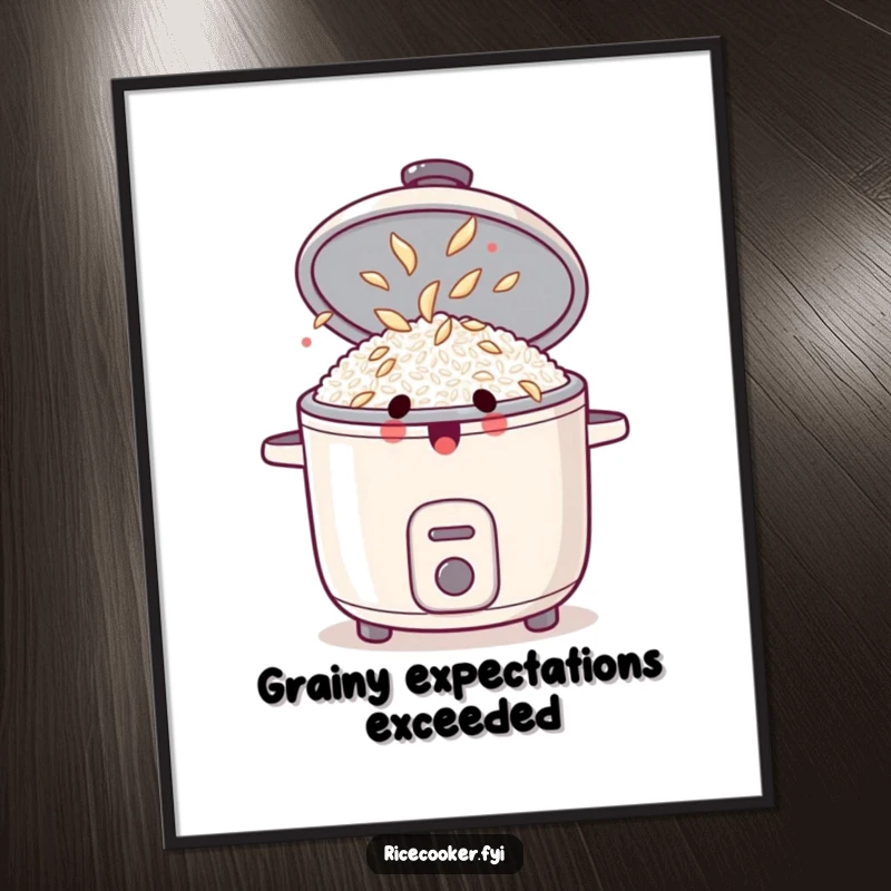 Funny Free Printable Wall Art: Surprised rice cooker with lid open, revealing dancing grains, adding humor to decor.