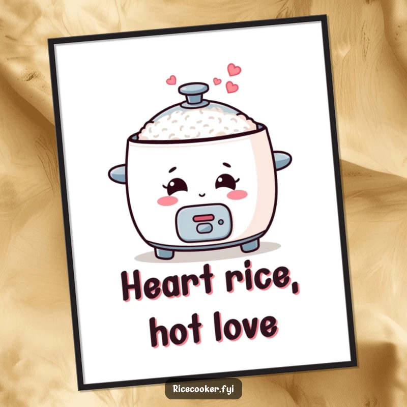 Funny Free Printable Wall Art: Smiling Rice Cooker Spouting Hearts of Steam, Cute Kitchen Decor