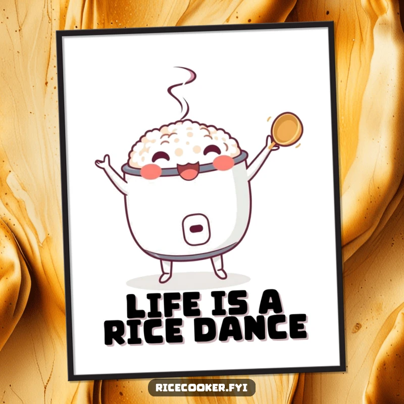 Funny Free Printable Wall Art of a rice cooker doing a happy dance with its ladle, adding a whimsical touch to decor.