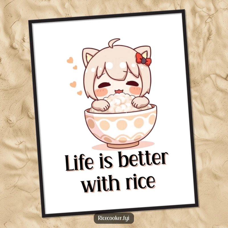 Funny Free Printable Wall Art: character joyfully embraces a steaming bowl of rice with a contented sigh, looking utterly blissful.