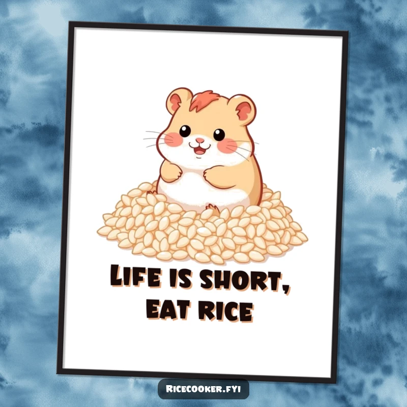Funny Free Printable Wall Art: A chubby hamster blissfully rolling in a massive pile of fluffy white rice grains.