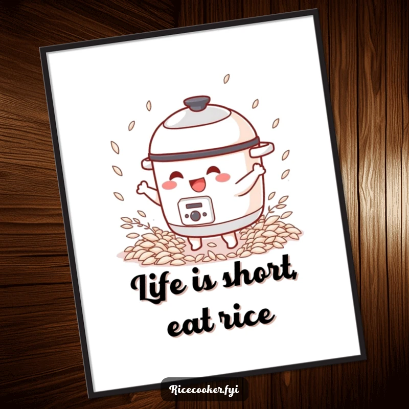 Funny Free Printable Wall Art: A jubilant rice cooker character dancing amidst a shower of rice grains.