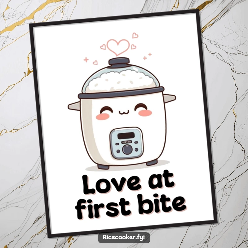 Funny Free Printable Wall Art: A happy rice cooker smiles, its steam artfully shaping into a romantic heart.