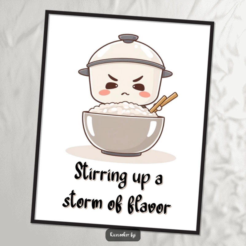 Funny Free Printable Wall Art: A rice cooker with a determined expression, actively stirring a giant bowl of rice, inspiring effort.