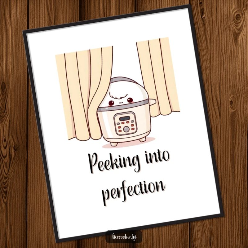 Funny Free Printable Wall Art: A rice cooker peeking from behind a curtain with a sly, mischievous grin, adding playful charm.