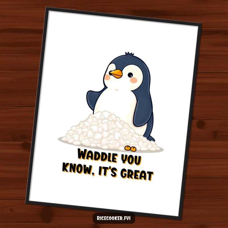 Funny free printable wall art of a proud penguin surveying a huge mountain of fluffy rice, a quirky decoration.