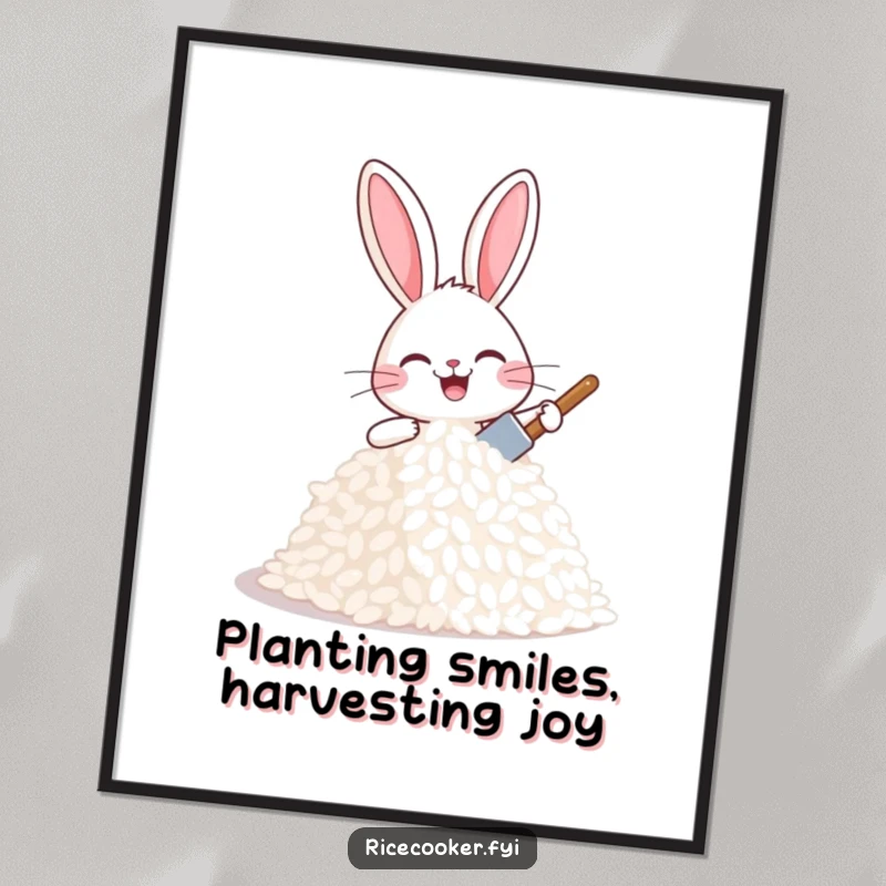 Funny Free Printable Wall Art: A happy bunny joyfully patting a mound of rice with a tiny spatula, creating a masterpiece.