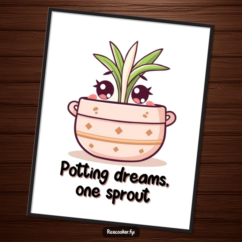 Funny Free Printable Wall Art of a cute pot character with wide eyes watching with fascination as a tiny rice sprout grows, DIY decor.