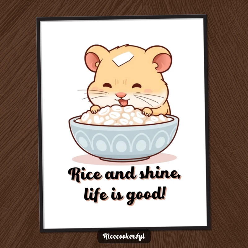 Funny free printable wall art of a curious hamster delightedly sniffing a steaming bowl of rice, a humorous downloadable piece.