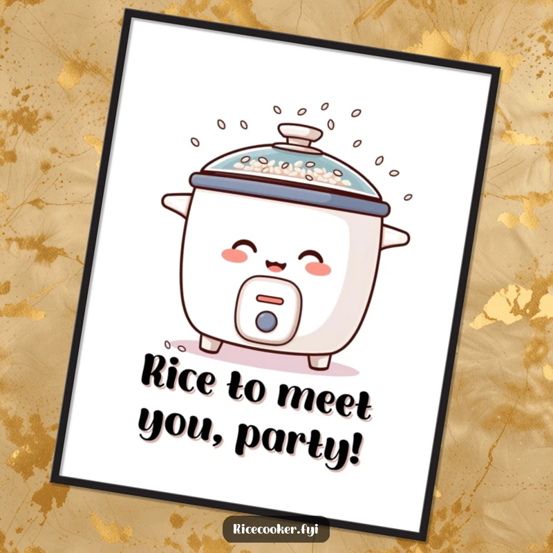 Funny free printable wall art of a giggling rice cooker spraying rice grains like confetti, a whimsical and joyful kitchen decoration.