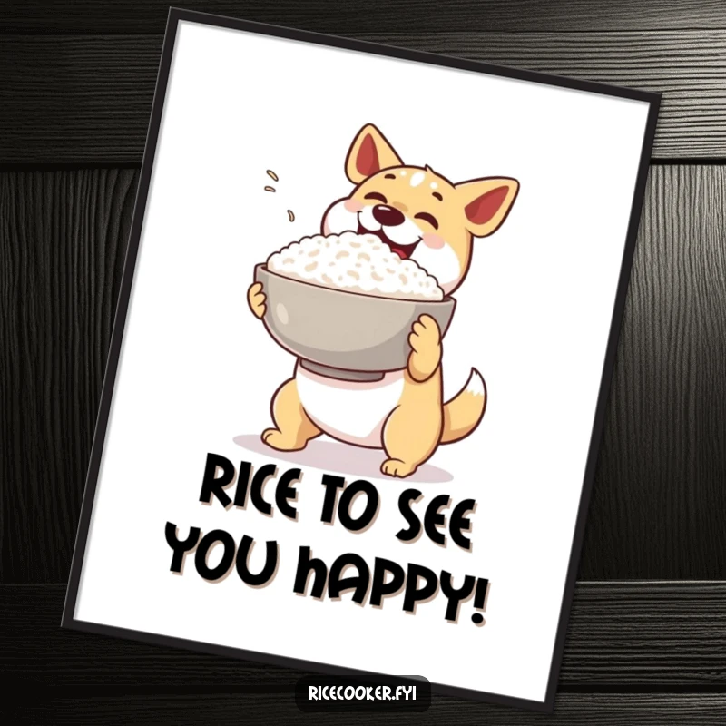 Funny Free Printable Wall Art: A happy dog gleefully presents a giant, steaming bowl of rice with a flourish, celebrating deliciousness.