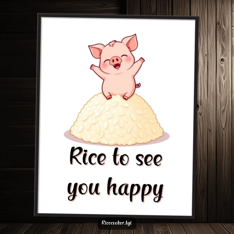Funny Free Printable Wall Art: A pig giggling uncontrollably while dancing on a mound of rice.